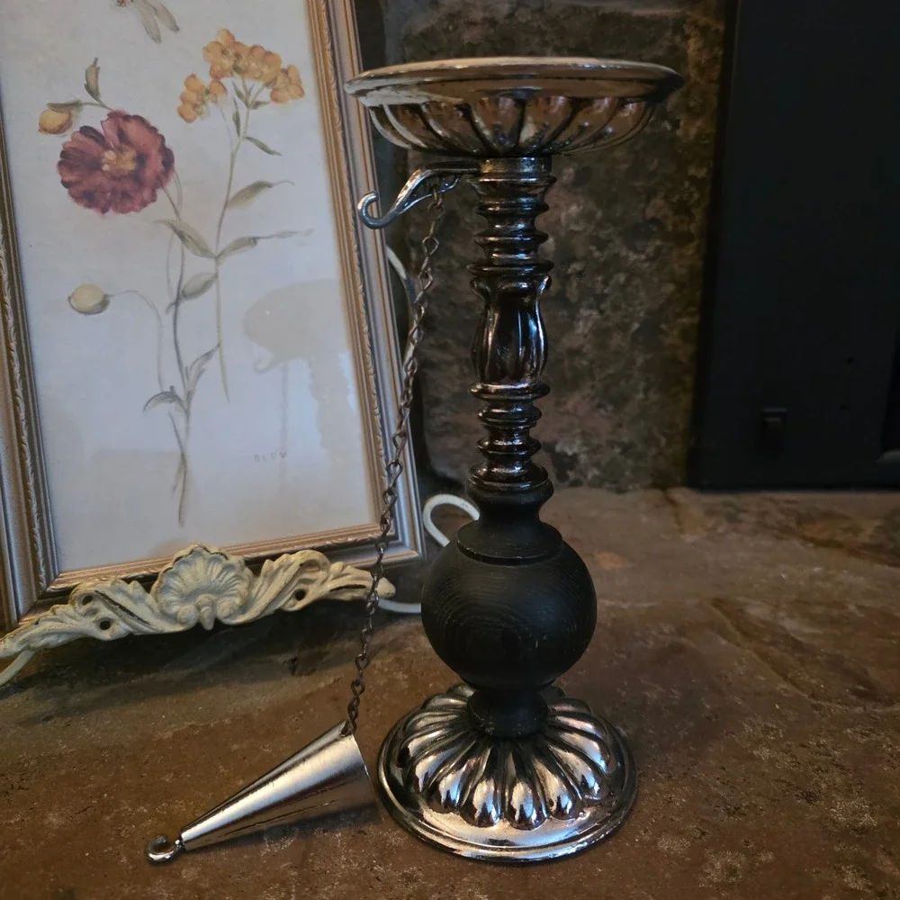 Vintage Silver Tone Metal Wood Candlestick Holder with Attached Snuffer 9.5in